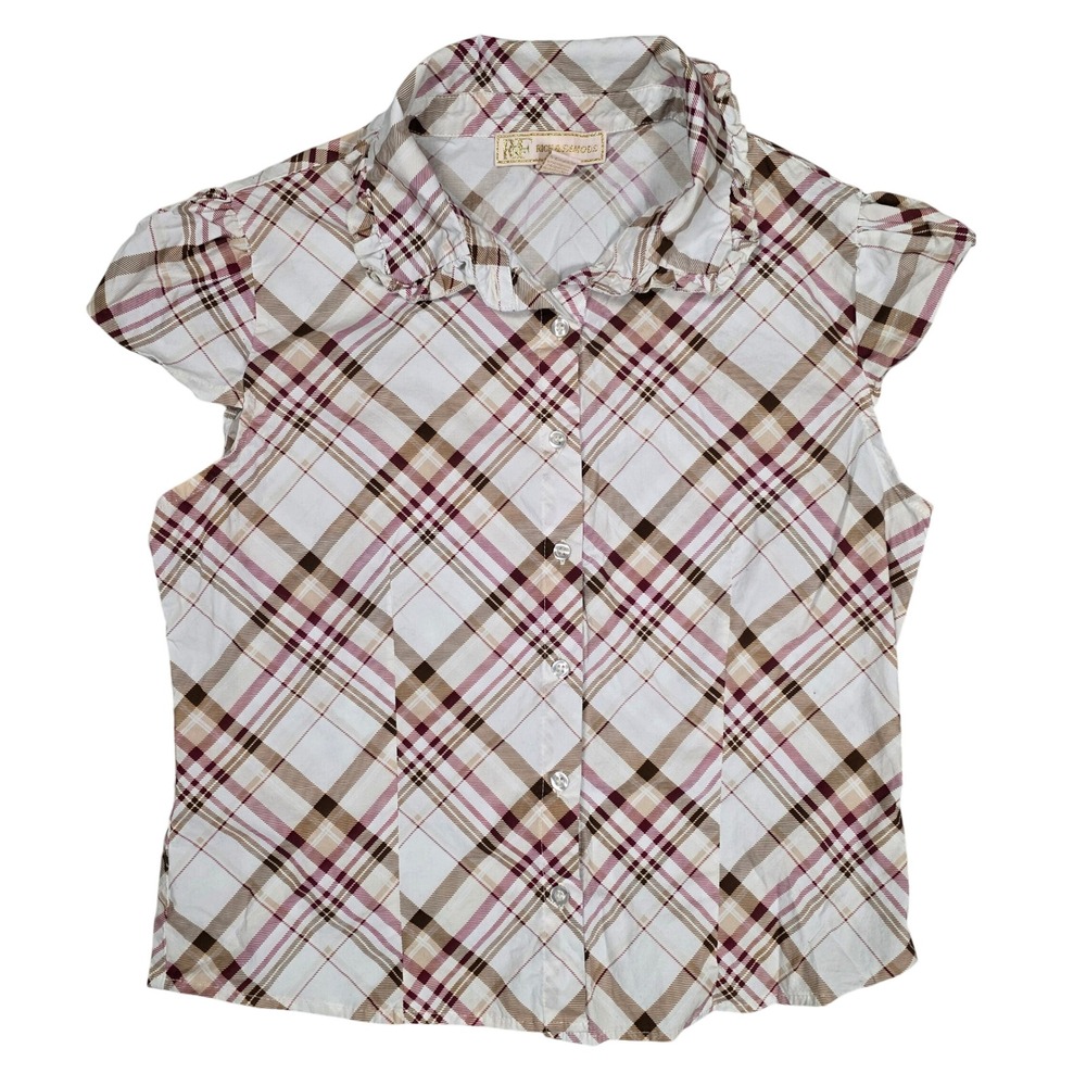 Rich & Famous Plaid Ruffle Collar Blouse Womens XL Pink Brown GOOD‎ Office Wear